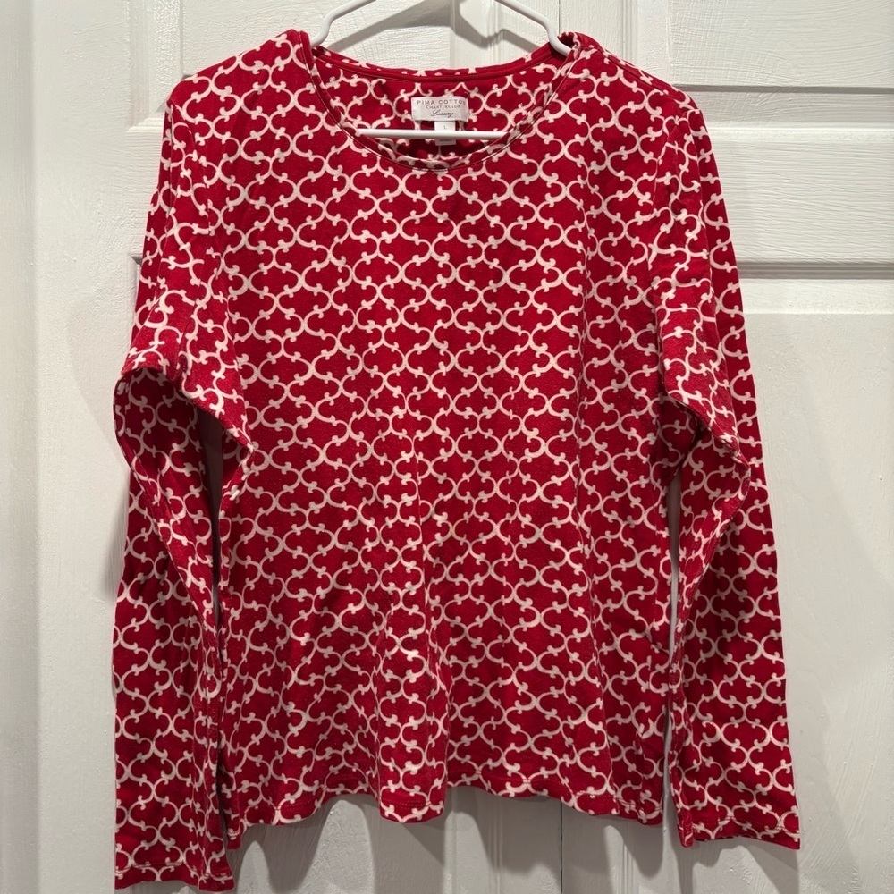 Charter Club 100% Pima Cotton Red Long Sleeve Patterned Top - Size Large